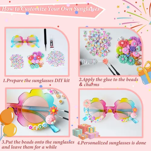 Miniatura 6 de Tialero 6Pcs12Pcs Round Flower Sunglasses, Outdoor Kids Sunglasses +380 Beads, 60 Daisy Flower Charms