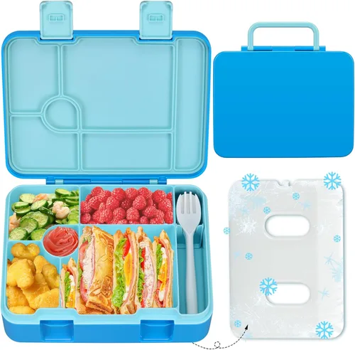 Fiambrera Bento para niños con paquete de hielo, caja Bento a prueba de fugas de 5 compartimentos con utensilios, capacidad de 5.5 tazas para