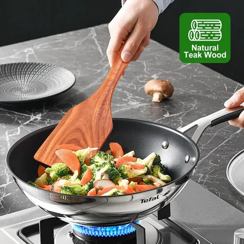 Miniatura 2 de Juego de 5 cucharas de madera para cocinar, espátulas de madera de teca, espátulas ranuradas para utensilios de cocina antiadherentes, cuchara