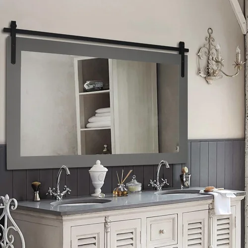 Miniatura 9 de PAIHOME Espejo de pared gris grande, espejo de baño cuadrado rústico horizontal de granja para espejos de tocador con marco de madera, decoración