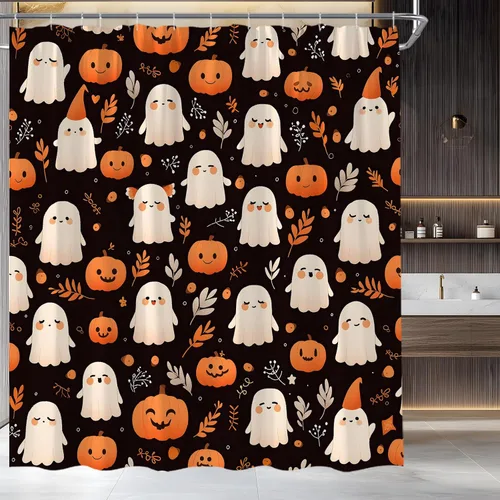 Cortina de ducha de fantasma de Halloween, diseño de calabaza espeluznante, hojas retro, divertida tela de dibujos animados para decoración de baño,
