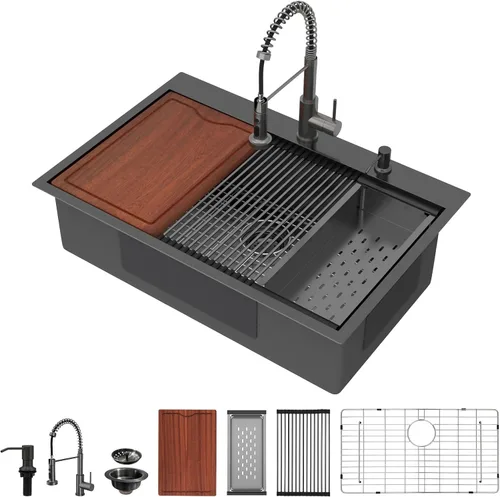 Miniatura 10 de Fregadero de cocina negro de 30"x19", estación de trabajo con revestimiento nano, acero inoxidable 304 calibre 16, hecho a mano, montaje superior