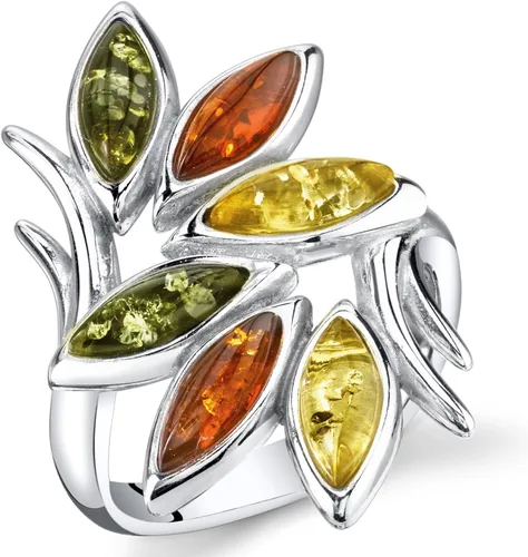 PEORA Anillo de rama de hoja de ámbar báltico multicolor genuino para mujer, plata de ley 925, coñac rico, verde oliva, amarillo miel, talla 5,