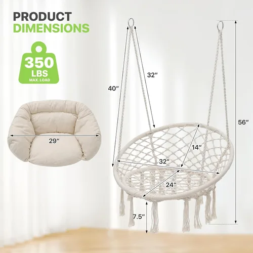 Miniatura 2 de Magshion Silla hamaca colgante con acogedor cojín completo, silla columpio de macramé exterior con capacidad de 350 libras, muebles decorativos Beige