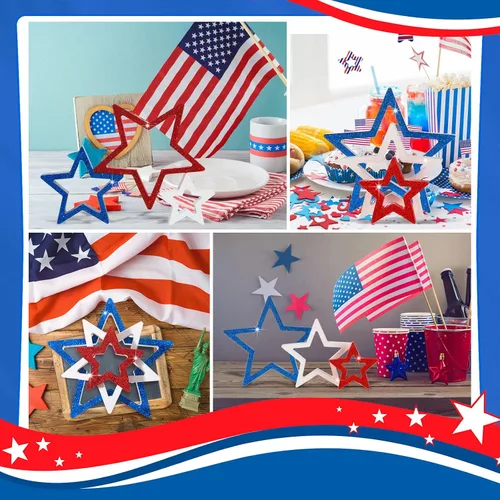 Miniatura 5 de Blulu 6 piezas de decoraciones patrióticas del 4 de julio, decoración de mesa para el Día de los Caídos, letreros de estrella de madera, rojo