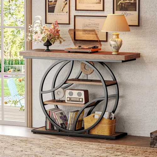 Miniatura 9 de Huuger Mesa de entrada de 41.3 pulgadas, mesa de sofá industrial con consola y almacenamiento, mesa de acento con estantes, para entrada, pasillo