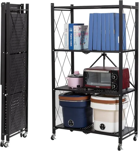 Miniatura 8 de Muichi Estante plegable de 3 niveles, estantes plegables con ruedas, estantes plegables, unidad de estantería de metal, organizador