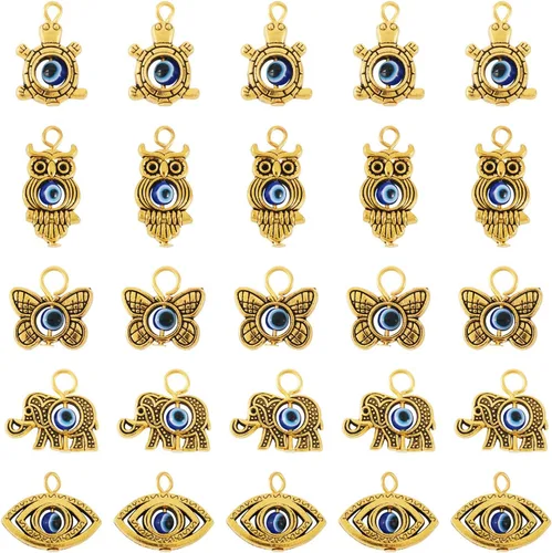Miniatura 15 de Craftdady Pendientes colgantes de elefante dorado con suerte - Dijes de Jesús en oro antiguo, peces, hojas budistas, ojos malvados, amuletos
