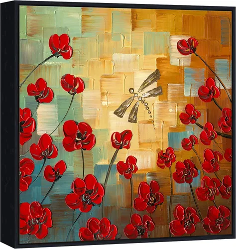 Wieco Art Arte enmarcado Libélula Pinturas al óleo florales sobre lienzo, arte de pared para dormitorio, decoración del hogar, moderno, 100% pintado