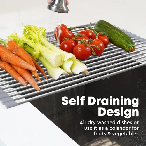 Miniatura 5 de Zulay Kitchen Escurridor de platos sobre el fregadero, diseño de acero inoxidable resistente enrollable para un fácil almacenamiento y durabilidad.