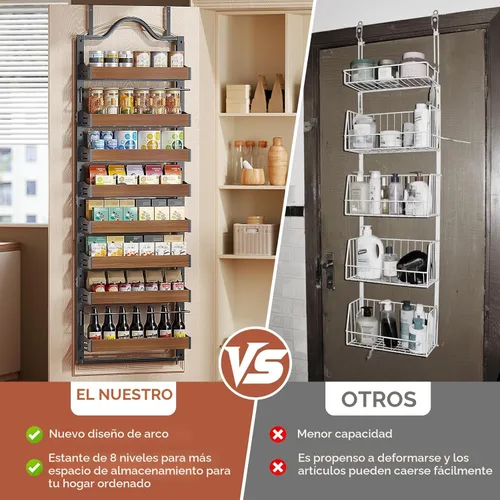 Miniatura 8 de Organizador de especias de 8 niveles para montar en la pared, organizador de despensa sobre la puerta resistente con cesta ajustable de madera