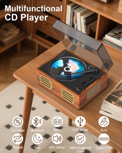 Miniatura 4 de Reproductor de CD portátil para el hogar, reproductores de CD BT retro recargables, transmisión inalámbrica Boombox de escritorio con altavoces HiFi