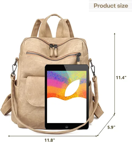 Miniatura 6 de Mochila de cuero para mujer, mochila de viaje de moda vintage, Caqui, Mochilas de viaje