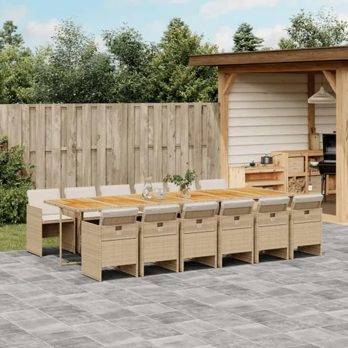 Miniatura 21 de 9 Piece Patio Dining Set with Cream Cushions Beige Poly Rattan Table and 8 Foldable Chairs for Backyard Garden Dining Beige/Wood/9 Piece