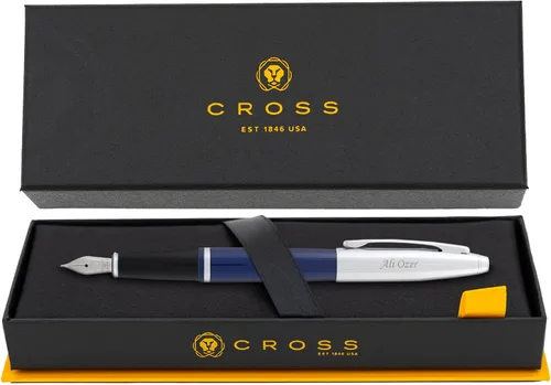 Cross Calais - Pluma estilográfica de laca azul grabada, borde cromado, diseño Art Deco, grabado en tono latón debajo del clip, regalo para