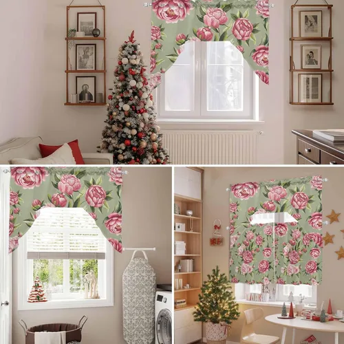 Miniatura 8 de Juego de cortinas de cocina con festón floral verde salvia, cenefa y nivel, 24 pulgadas de largo, diseño retro de flores rosa pastel, cortinas