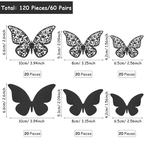 Miniatura 2 de Outus 120 piezas de calcomanías de mariposas en 3D en capas negras para pared, calcomanías de mariposas extraíbles, murales en relieve para Negro
