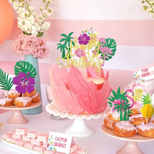 Miniatura 5 de Rsstarxi Paquete de 25 adornos tropicales para cupcakes Luau con decoración de pastel de flamenco de feliz cumpleaños, palmera, flamenco, piña
