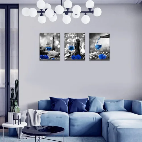 Miniatura 7 de Obras de arte de rosas de vino para paredes del hogar, blanco y negro con pintura de vino azul, decoración de comedor, cuadros de cocina azules