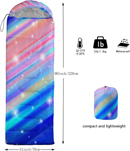 Miniatura 5 de Saco de dormir para adultos y niños, saco de dormir para mochileros, camping, para niñas, niños, ligero, impermeable, para clima frío y cálido, saco