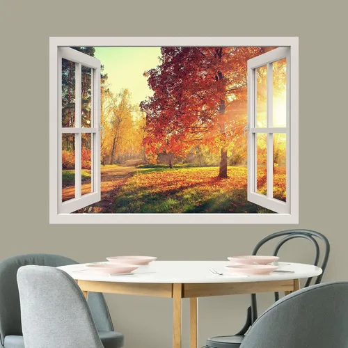 Miniatura 3 de wall26 Adhesivo mural removible para pared, vista de ventana, sol, otoño, temporada de árbol, bosque, naturaleza, desierto, fotografía, realismo