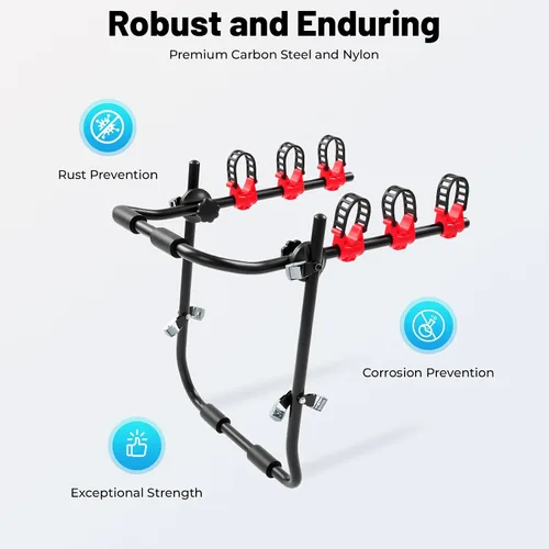 Miniatura 5 de Soporte de bicicleta de coche para 3 bicicletas, con correas ajustables para maletero, se pliega para almacenamiento, compatible con la mayoría