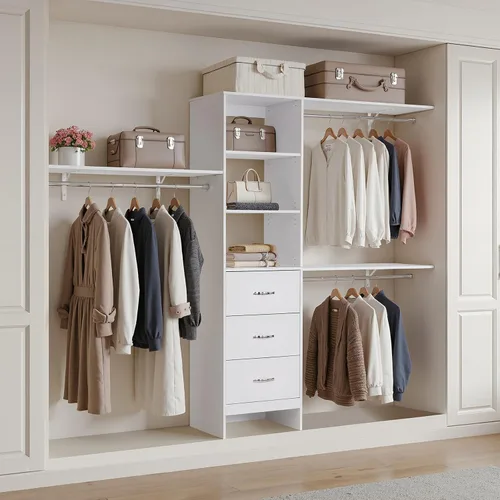 Miniatura 8 de VEVOR Sistema de Armario con 3 Cajones, Organizadores de Armario de Madera de Altura Ajustable, Organización Moderna de Vestidor con 3 Barras