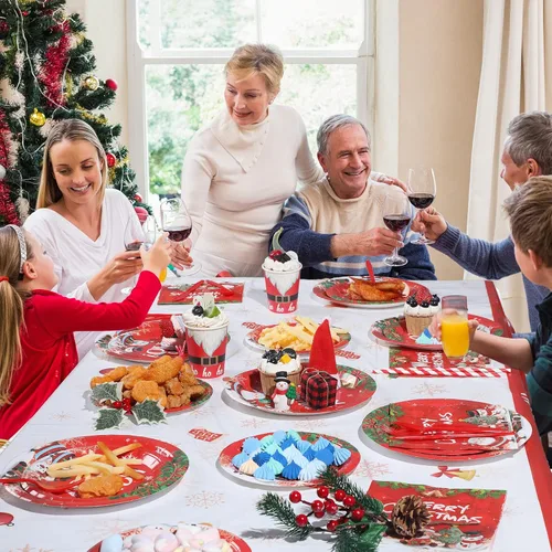 Miniatura 5 de 194 piezas de juego de vajilla para fiesta de Navidad con temática linda de Santa y muñeco de nieve, suministros para fiesta de Navidad, mantel