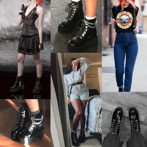 Miniatura 6 de CYNLLIO - Botas estilo combate de moda al tobillo de mujer, plataforma en bloque con cordones y tachas, botas de motocicleta a mitad
