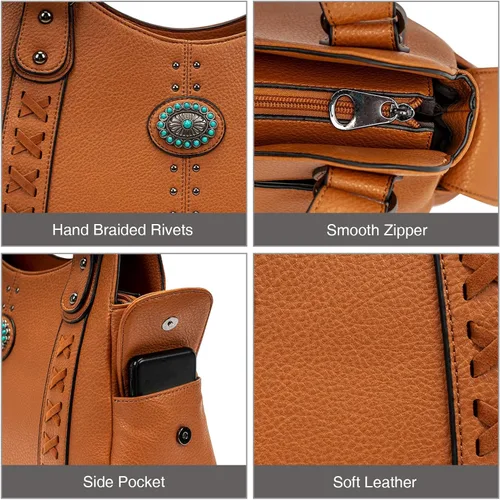 Miniatura 3 de Bolso de mano para mujer grande, bolso western, damas con asa superior, bolsos de hombro vintage con conchas grabadas y tachuelas