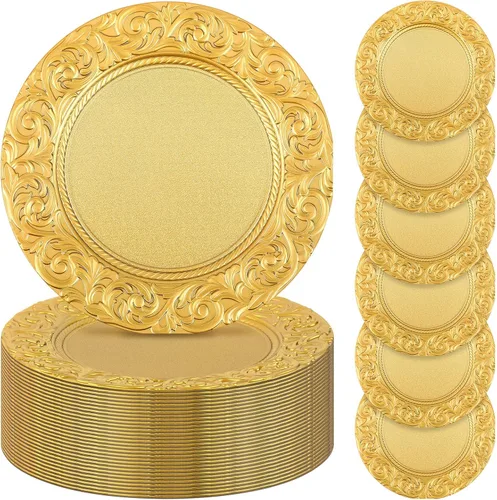 Miniatura 13 de Uiifan 24 Piezas Platos Base Antiguos a Granel 13'' Platos de Plástico en Relieve para Cena Platos Base Redondos Florales para Boda Cargadores Dorado