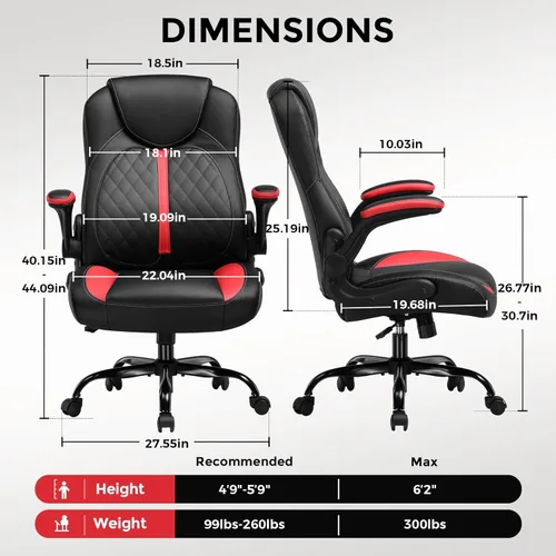 Miniatura 3 de COMHOMA Silla ergonómica para juegos de oficina para adultos, con soporte lumbar, brazos abatibles, altura ajustable, ruedas giratorias de piel Nred