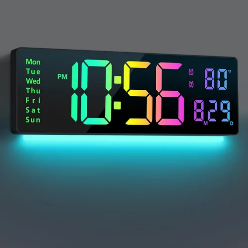 Reloj de pared digital con pantalla grande de 16", reloj digital con control remoto que cambia 11 colores RGB, relojes LED con luces nocturnas para