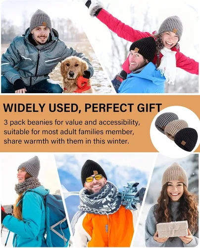 Miniatura 7 de Nertpow Mens Beanie Hats 3 Pack, Winter Hats for Men Women Warm Thermal Fleece Lined, Thick Knit Fashion Skull Cap for Guys