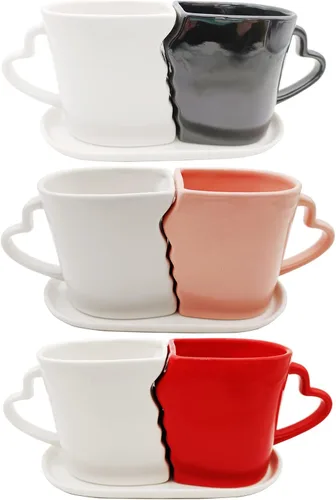 Miniatura 7 de Juego de tazas grandes para besos, 16 onzas, dos tazas de café con platillo, regalos de amor para aniversario, boda, San Valentín, cumpleaños