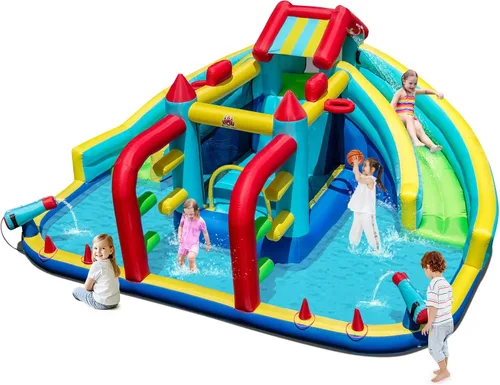 Miniatura 12 de HONEY JOY Tobogán acuático inflable con soplador de 680 W, tobogán largo doble gigante/casa de rebote/pared de escalada/carrera de obstáculos, cañón