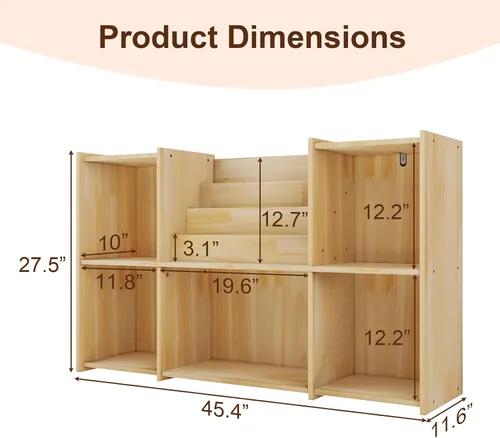 Miniatura 2 de Estantería de madera, estantería horizontal de perfil bajo de 2 niveles con organizador de almacenamiento, madera certificada FSC, estante