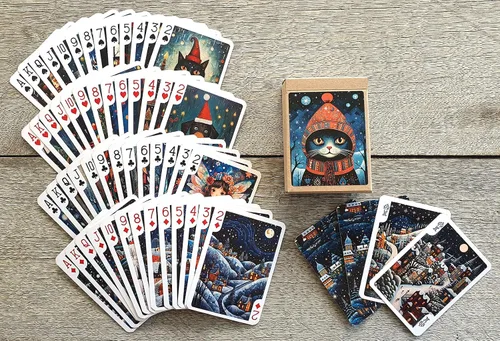 Miniatura 3 de Naipe de cuento de hadas de Navidad (baraja de póquer 54 cartas todas diferentes) Arte ingenuo Adorable Navidad Niñas Hadas Perros y Gatos Paisajes