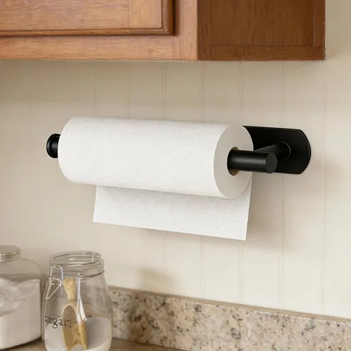 Miniatura 5 de HUFEEOH Soporte adhesivo para toallas de papel debajo del gabinete, soporte de pared para toalla de papel de cocina, toallero de papel de acero Negro
