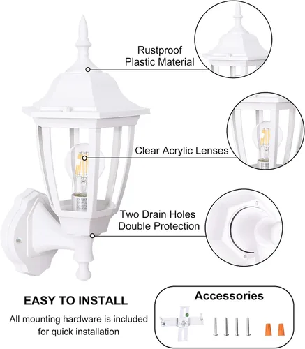 Miniatura 3 de FUDESY Farol de Pared para Exteriores, Aplique de Pared Impermeable para Exterior, Lámpara de Porche Delantero Blanca de Montaje en Pared para Negro