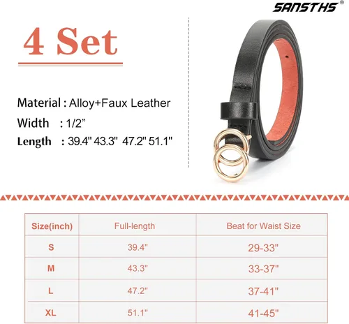 Miniatura 6 de SANSTHS Cinturones ajustados para mujer, juego de 4 cinturones finos de piel sintética con doble hebilla dorada para pantalones de mezclilla