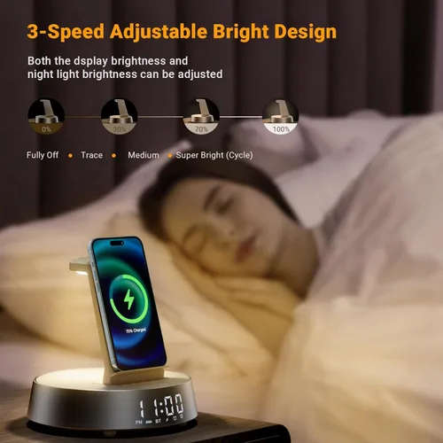 Miniatura 7 de Reloj despertador con estación de carga inalámbrica, reloj para dormitorio con altavoz Bluetooth de luz nocturna, estación de carga inalámbrica