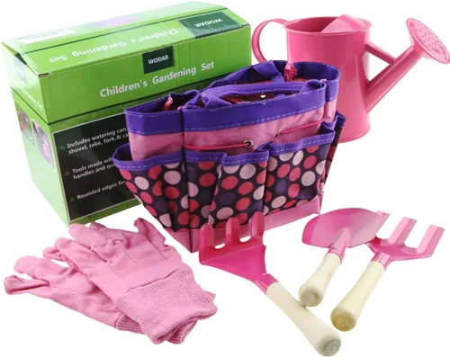 Miniatura 6 de Apol Juego de herramientas de jardinería para niños, incluye regadera, guantes, pala, tenedor y bolsa de transporte, regalo para niñas y niños (rosa)
