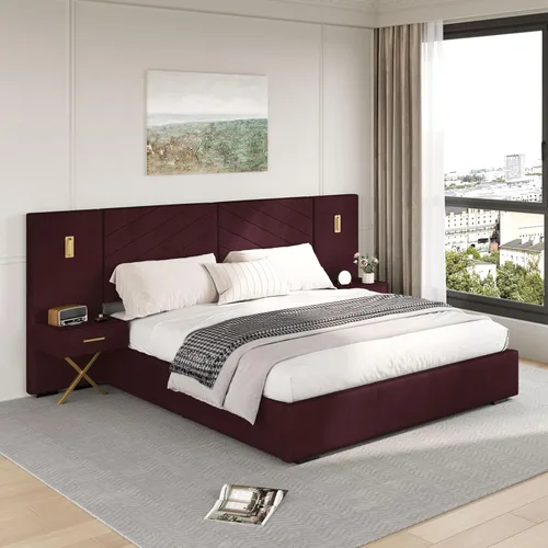 Miniatura 12 de DEINPPA Base de cama Queen de lujo con luces LED doradas integradas y mesitas de noche, cama de plataforma tamaño Queen con cabecera tapizada