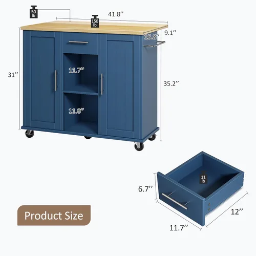 Miniatura 2 de SUNLEI Carrito de isla de cocina rodante con ruedas, mesa de isla para cocina, carrito de cocina de granja con hojas colgantes y toallero y cajón