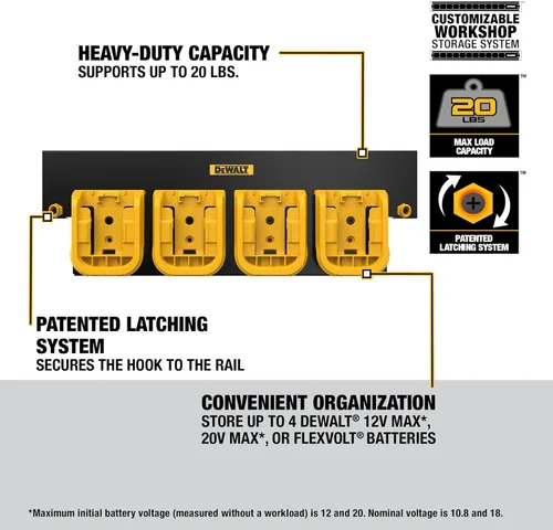 Miniatura 7 de DEWALT Organizador de baterías, soporta hasta 4 baterías, riel de montaje, compatible con sistema de almacenamiento de taller (DWST82819)