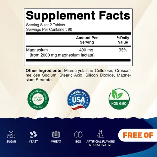 Miniatura 2 de Vitamatic Lactato de magnesio 2000 mg por porción – 180 tabletas – Apoya la salud muscular, del corazón, de los huesos y del sistema nervioso* – Sin