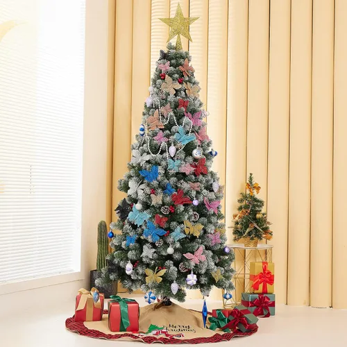 Miniatura 7 de 16 decoraciones de árbol de Navidad con purpurina, 2 estilos de adornos de mariposa hueca con clips, decoraciones de mariposa artificial para árbol