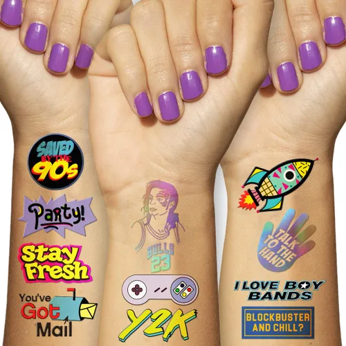 Tatuajes temporales con temática de los años 90, 5 hojas, divertidos recuerdos de fiesta de los años 90, decoraciones y suministros