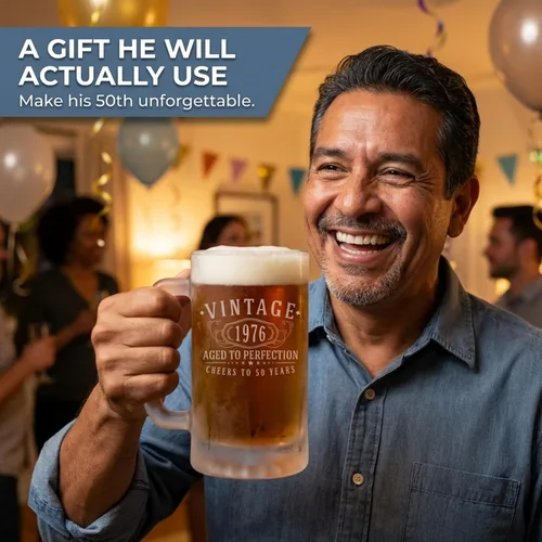 Miniatura 7 de Taza de cerveza de vidrio grabada vintage de 16 onzas, regalos de feliz cumpleaños 50 para él, mujeres, hombres, saludos a convertirse en un hombre